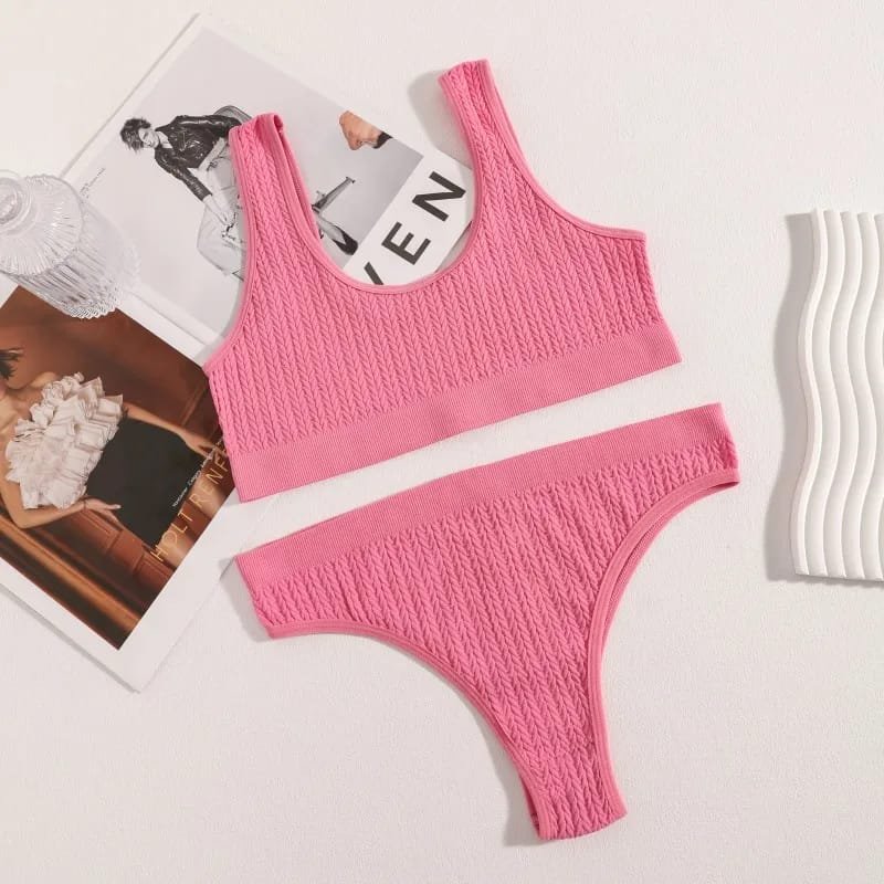 Women Seamless Bra Set Ribbed Thongs G-String High Waist
