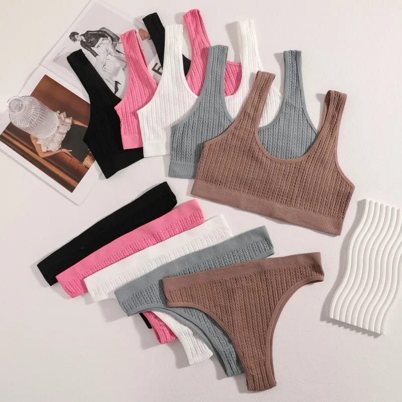 Women Seamless Bra Set Ribbed Thongs G-String High Waist