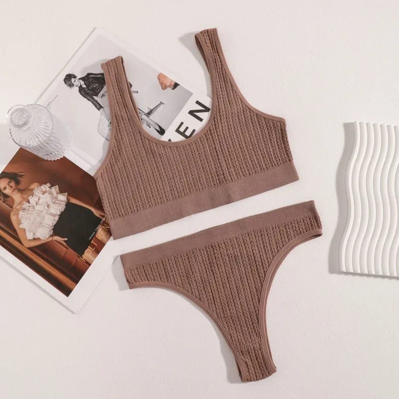 Women Seamless Bra Set Ribbed Thongs G-String High Waist