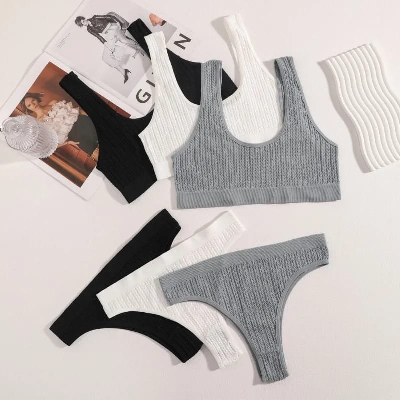 Women Seamless Bra Set Ribbed Thongs G-String High Waist